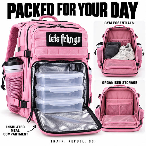 Pink LETS FCKN GO meal-prep bag compartments and organised storage
