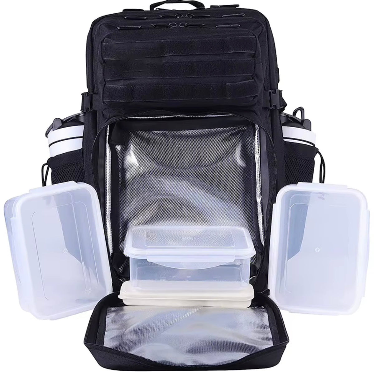 Black meal-prep bag with insulated compartment open