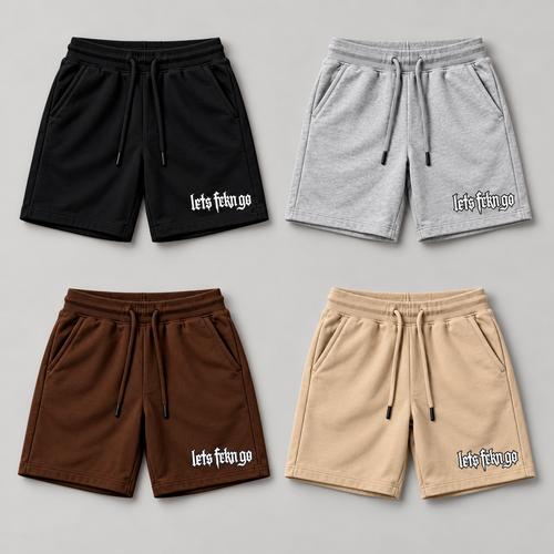 Four shorts in Black, Grey, Brown and Beige with logos on viewer-right
