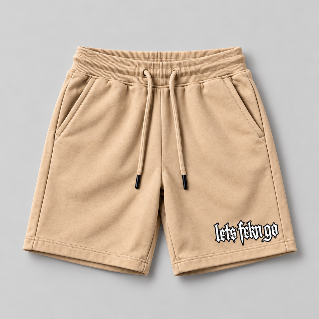 Beige shorts with logo on right as viewed