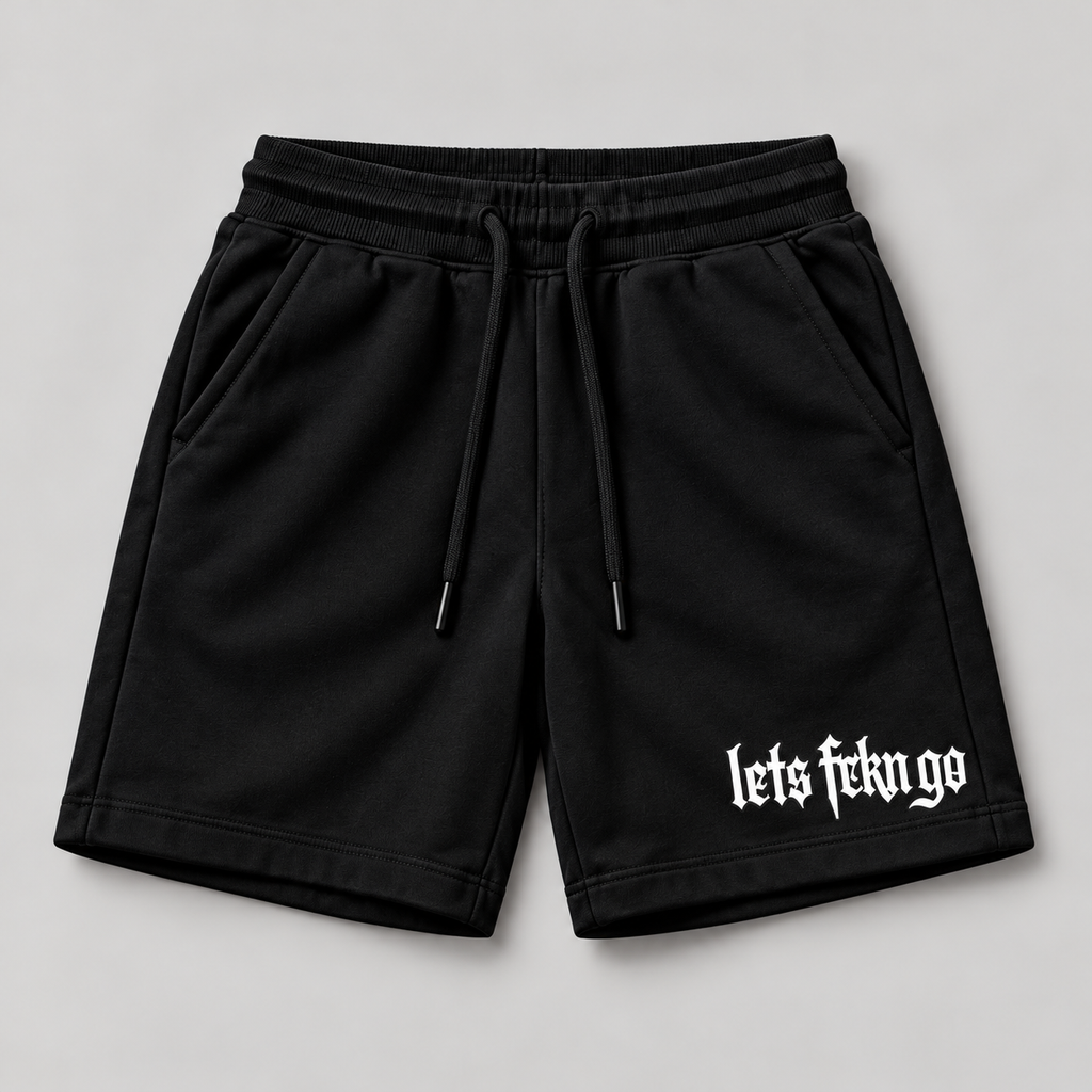 black shorts with logo on right as viewed