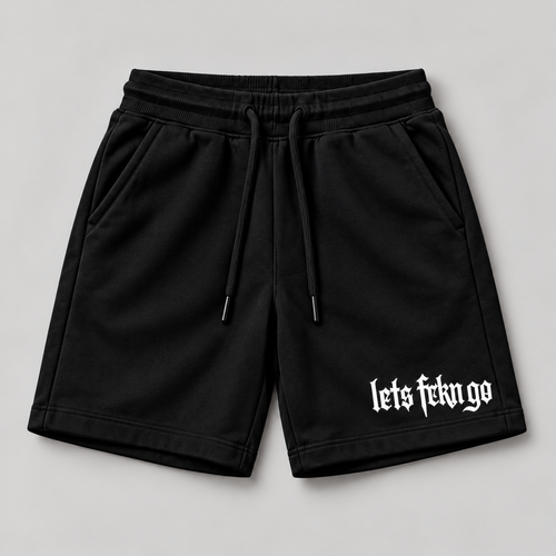 black shorts with logo on right as viewed