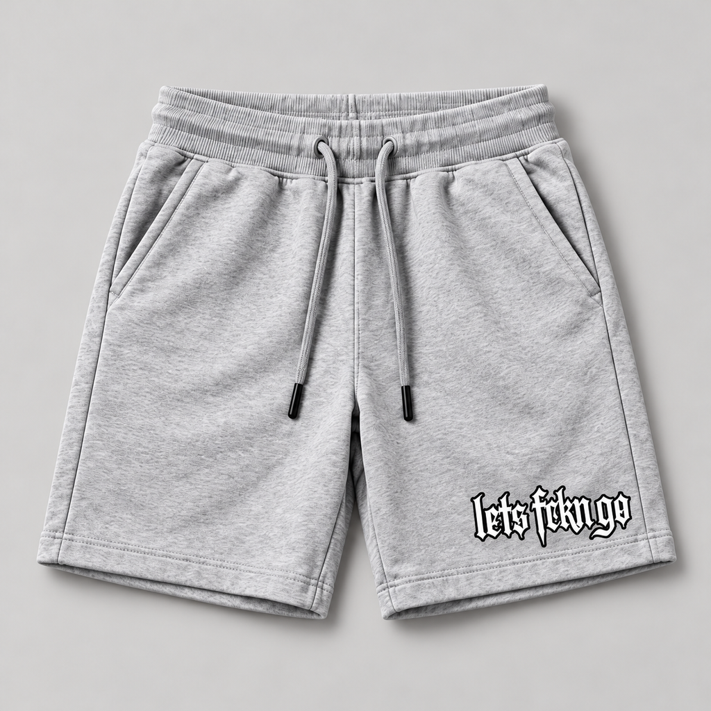 grey shorts with logo on right as viewed