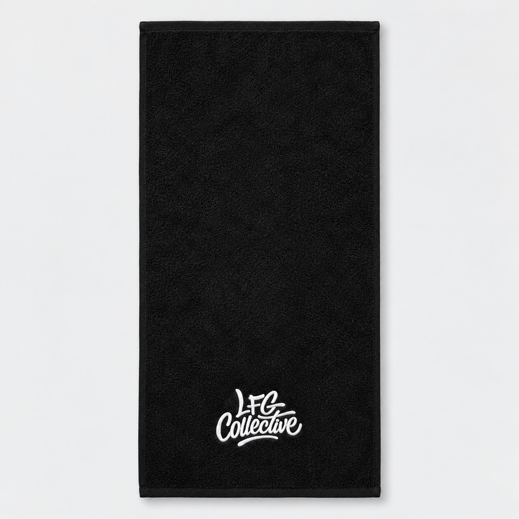 LFG Collective black gym towel on a clean studio background