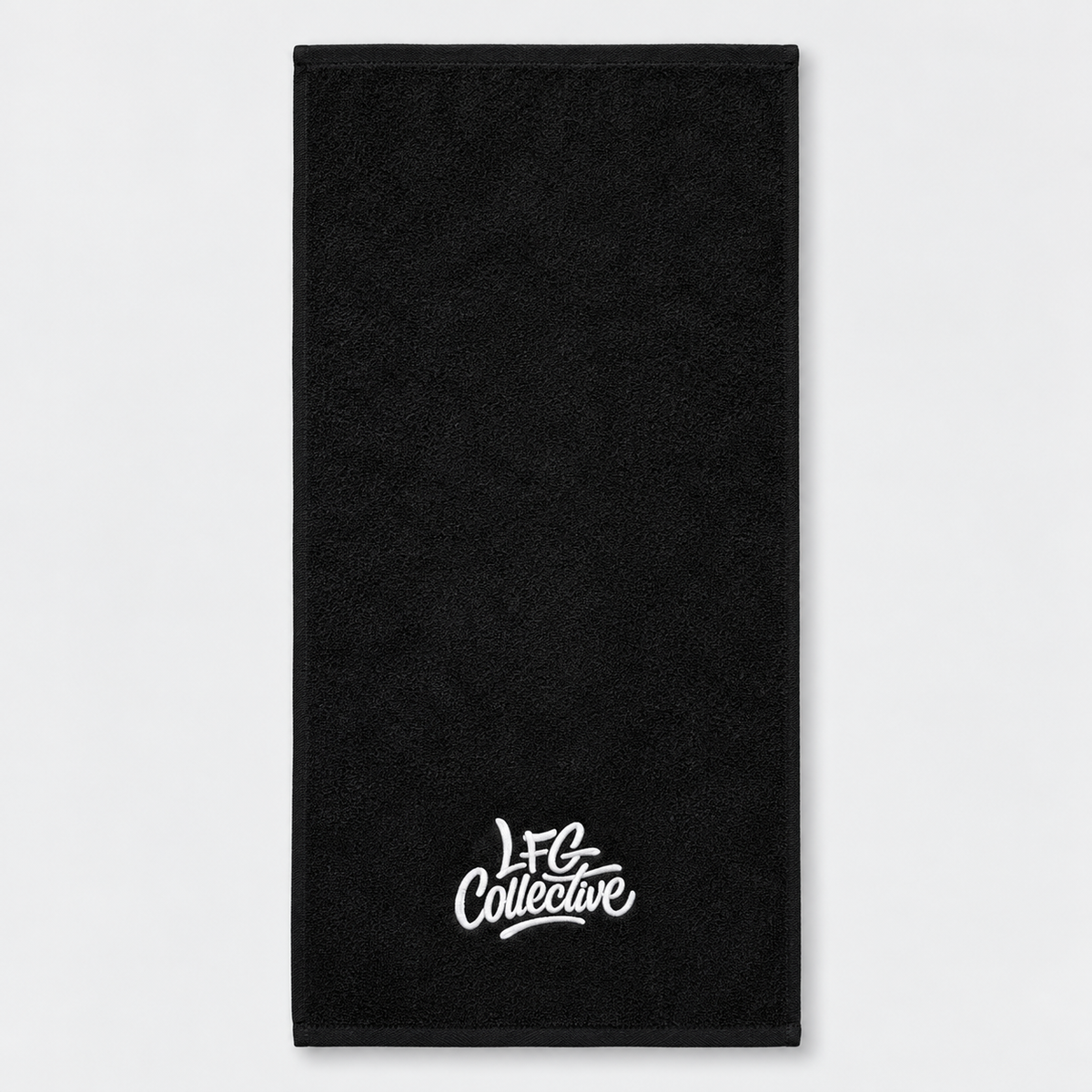 LFG Collective black gym towel on a clean studio background