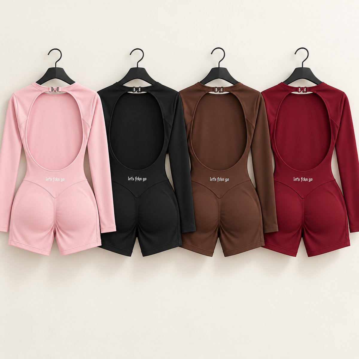 LETS FCKN GO open-back bodysuits on hangers in Light Pink, Black, Coffee and Dark Red