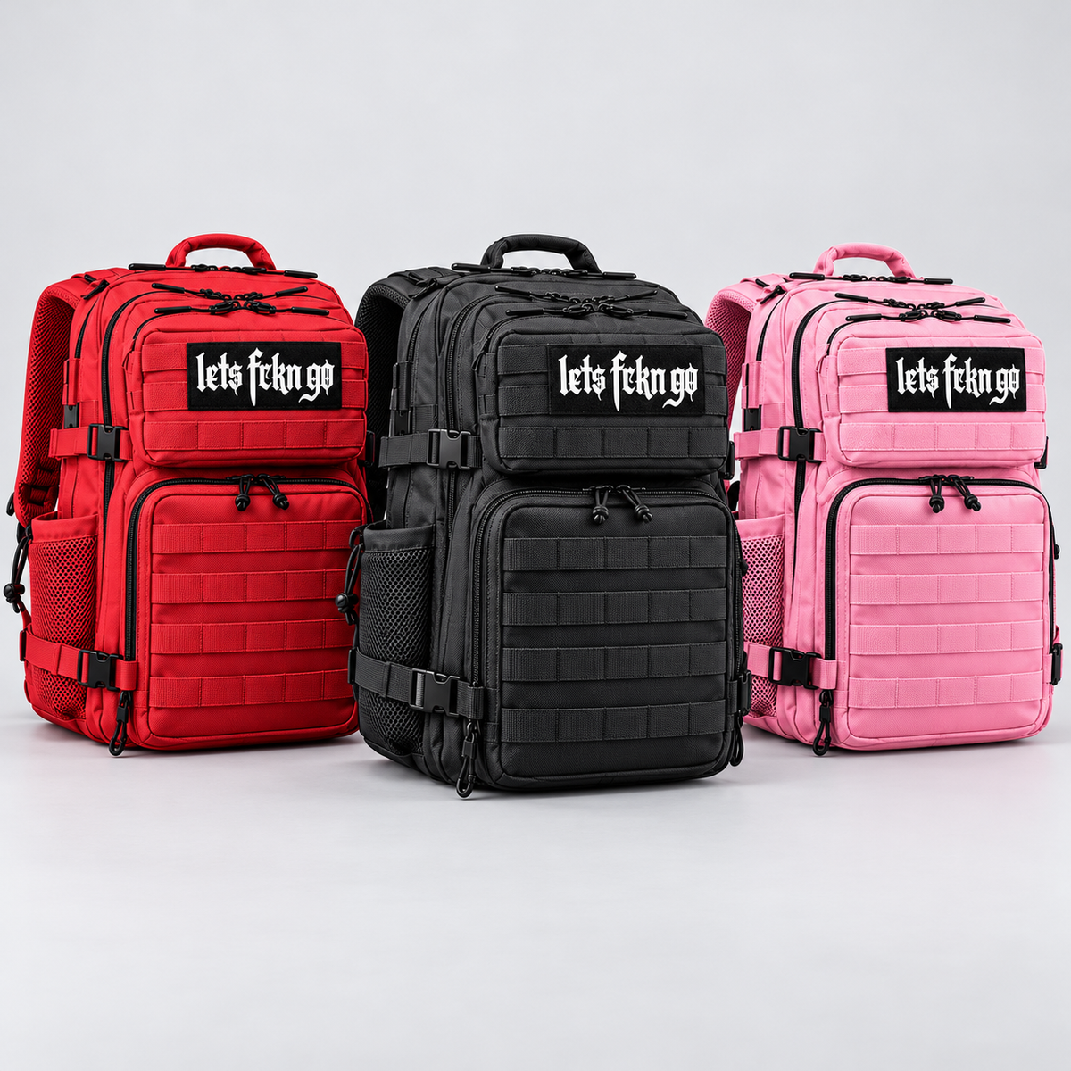 LETS FCKN GO meal-prep bags in Red, Black and Pink