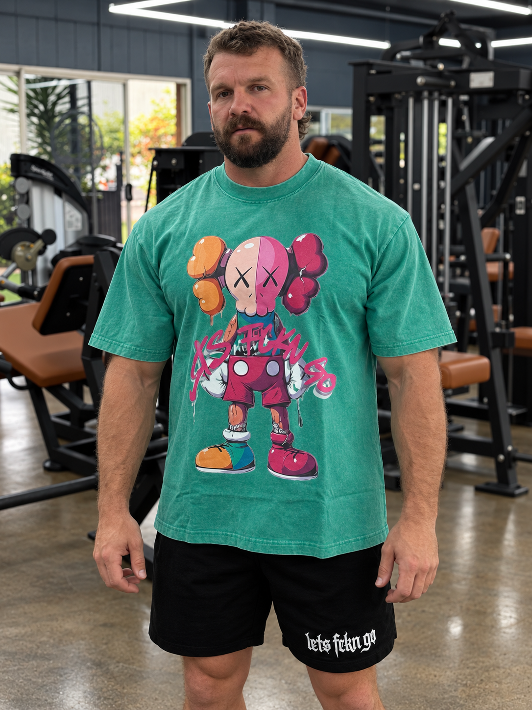 Green Lets Fckn Go shirt — front gym