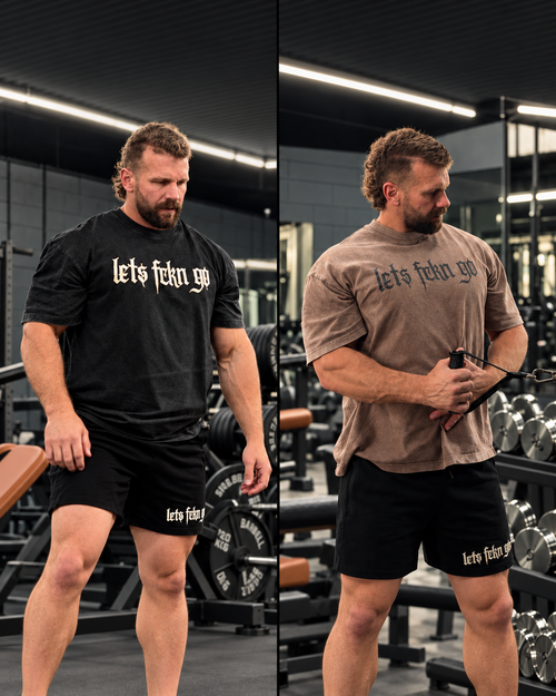 Black and brown LETS FCKN GO washed tees worn in the gym